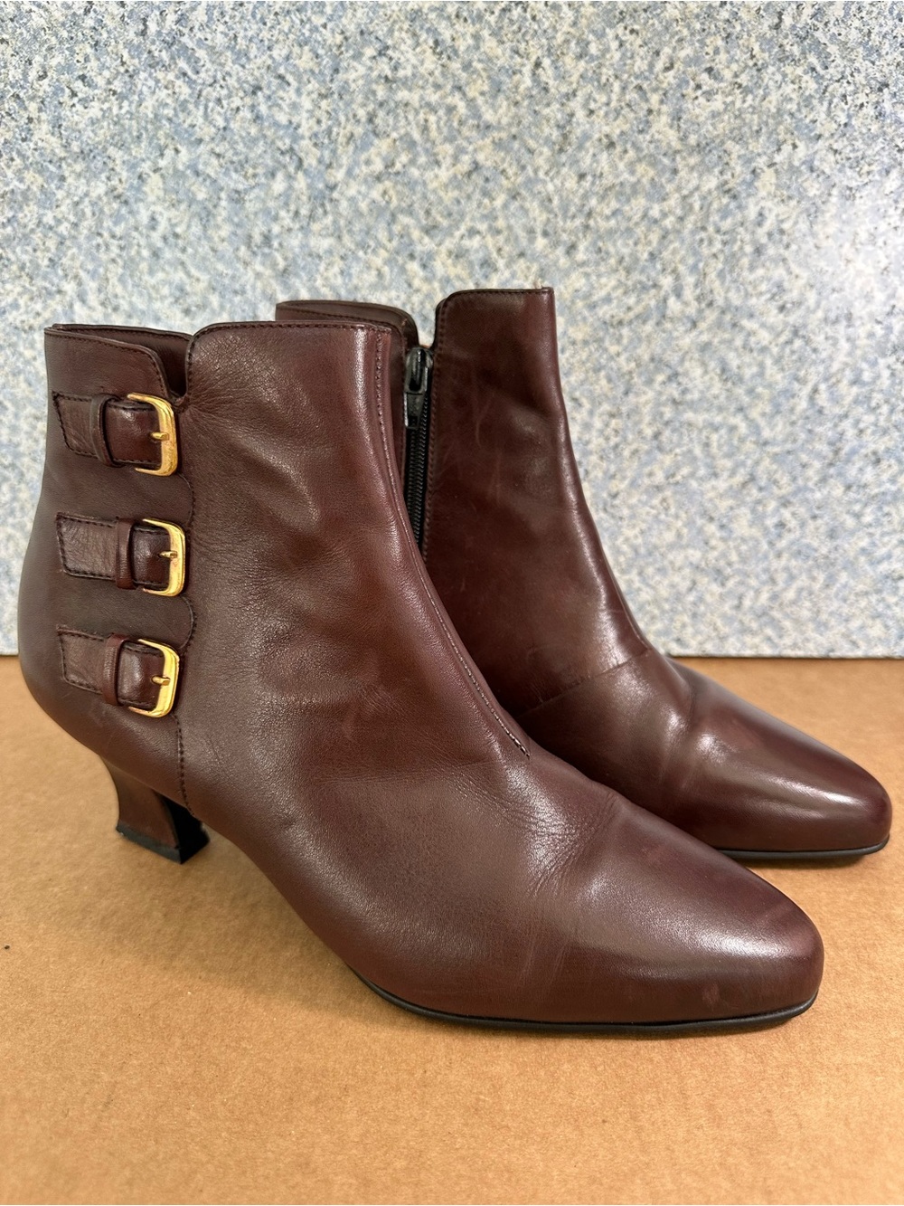 Enzo Angiolini Brown Leather Triple Buckle Ankle Boots 9 With Kitten Heel